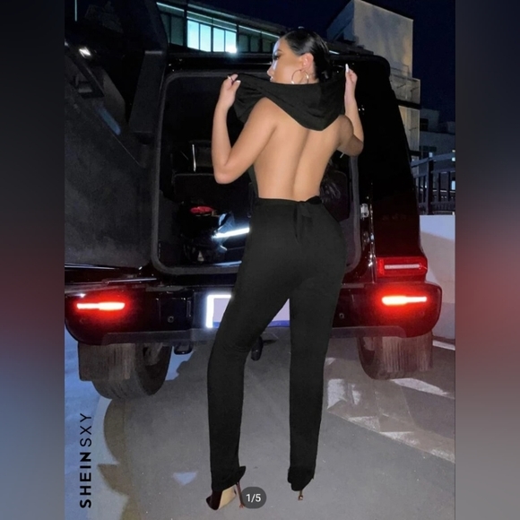 SHEIN SXY Plunging Neck Solid Backless Jumpsuit - Picture 1 of 4